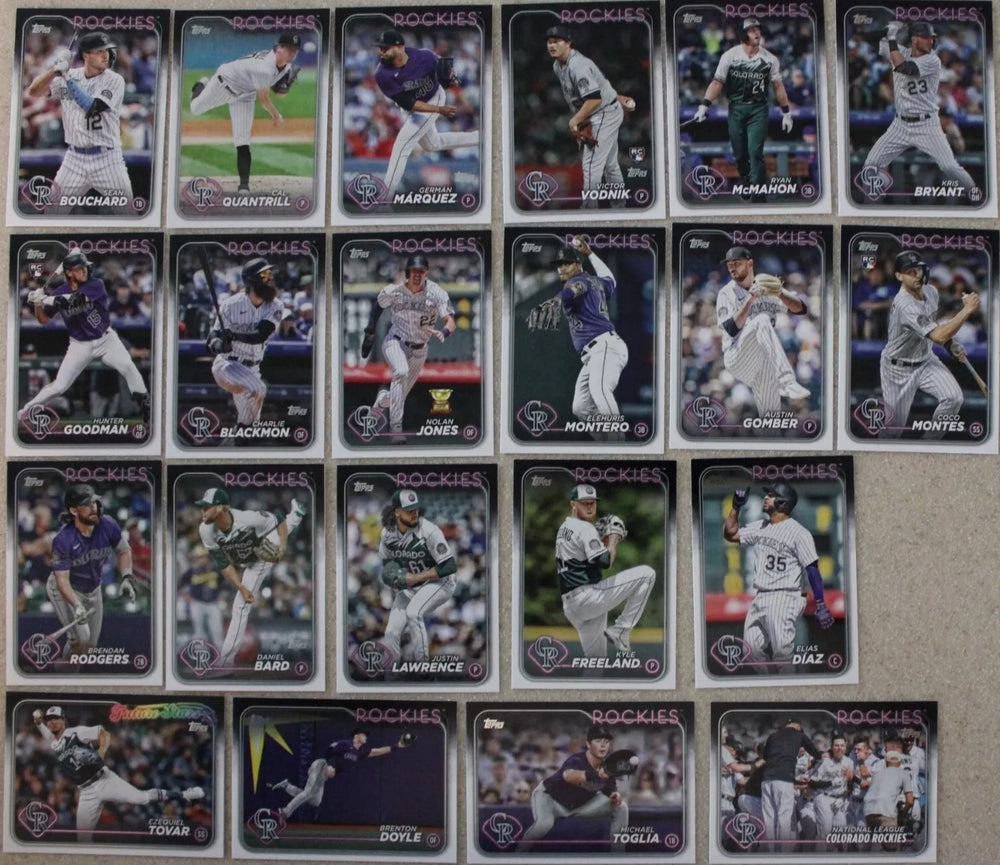 Colorado Rockies 2024 Topps Complete Mint Hand Collated 21 Card Team Set featuring Kris Bryant and Charlie Blackmon with Rookie Cards of Coco Montes, Hunter Goodman and Victor Vodnik Plus