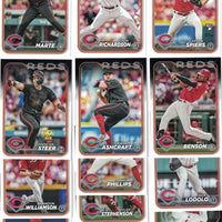 Cincinnati Reds 2024 Topps Complete 25 Card Team Set featuring a Rookie Card of Elly De La Cruz