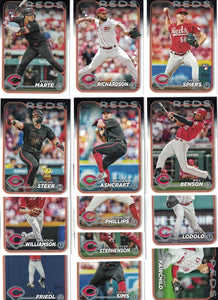 Cincinnati Reds 2024 Topps Complete 25 Card Team Set featuring a Rookie Card of Elly De La Cruz