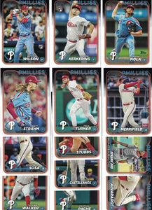 Philadelphia Phillies 2024 Topps Complete Mint 24 Card Hand Collated Team Set Featuring Bryce Harper Kyle Schwarber and Trea Turner with Johan Rojas Orion Kerkering and Weston Wilson Rookies Plus