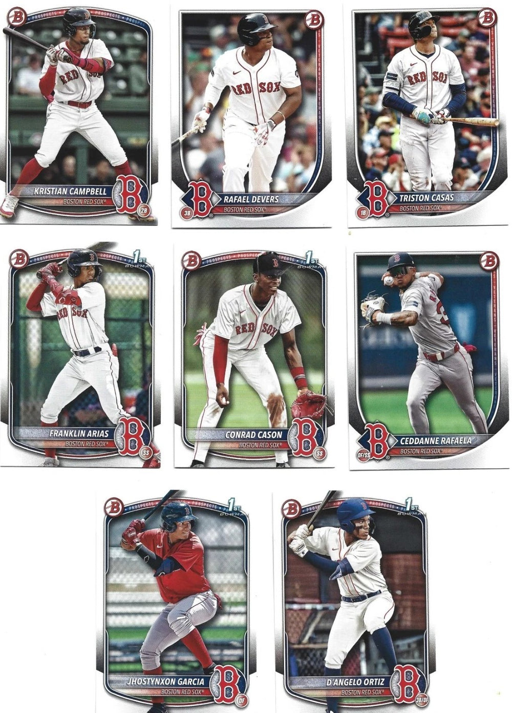 Boston Red Sox 2025 Bowman Series 8 Card Team Set made by Topps with Rafael Devers and Ceddanne Rafaela Plus 5 Top Prospect Cards Including Kristian Campbell, Franklin Arias and Conrad Cason