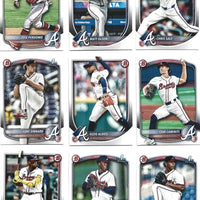 Atlanta Braves 2025 Bowman Complete Mint 12 Card Team Set made by Topps with Stars Austin Riley, Matt Olson, Chris Sales and Ronald Acuna Jr., Plus Spencer Schwellenbach Rookie and 5 Top Prospect Cards