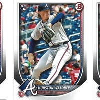 Atlanta Braves 2025 Bowman Complete Mint 12 Card Team Set made by Topps with Stars Austin Riley, Matt Olson, Chris Sales and Ronald Acuna Jr., Plus Spencer Schwellenbach Rookie and 5 Top Prospect Cards