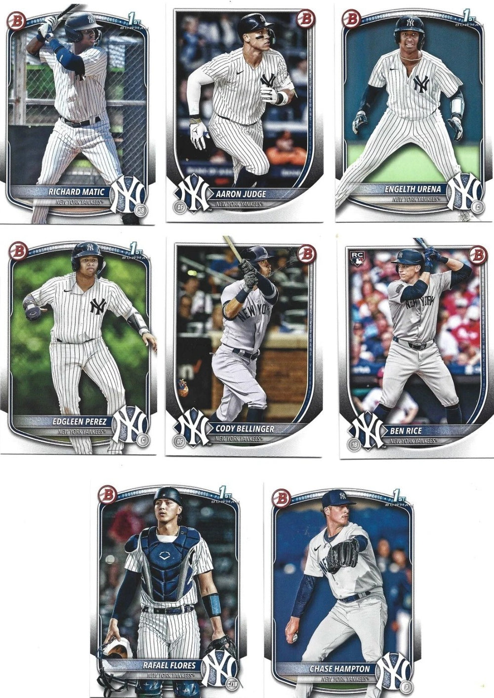 New York Yankees 2025 Bowman 8 Card Team Set Made by Topps Featuring Aaron Judge, Ben Rice Rookie Card and 5 Top Prospect Cards
