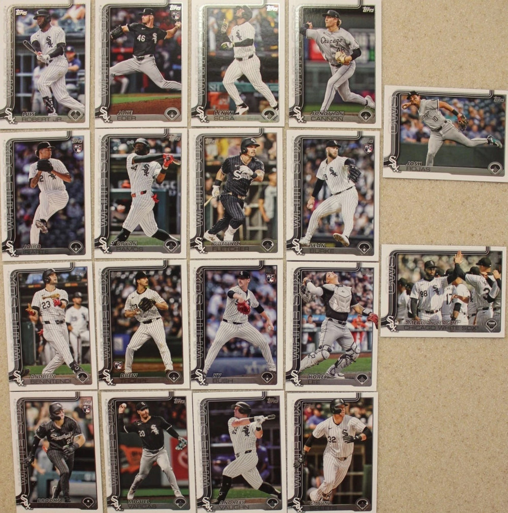 Chicago White Sox 2025 Topps Complete Mint Hand Collated 18 Card Team Set Featuring Rookie Cards of Brooks Baldwin, Ky Bush, Drew Thorpe, Sean Burke, Jairo Iriarte and Jake Eder Plus