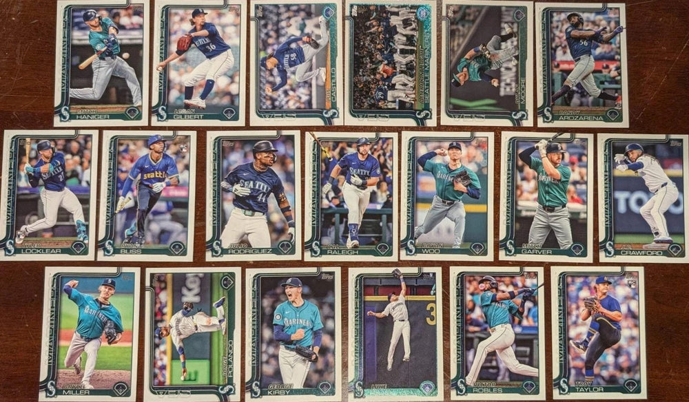 Seattle Mariners 2025 Topps Complete Mint 19 Card Hand Collated Team Set Featuring Cal Raleigh and Julio Rodríguez with Rookie Cards of Tyler Locklear, Ryan Bliss and Troy Taylor Plus