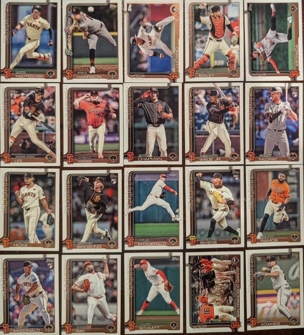 San Francisco Giants 2025 Topps Complete Mint 20 Card Team Set Featuring a Kyle Harrison Future Stars Card with Rookie Cards of Grant McCray, Trevor McDonald, Spencer Bivens and Hayden Birdsong Plus