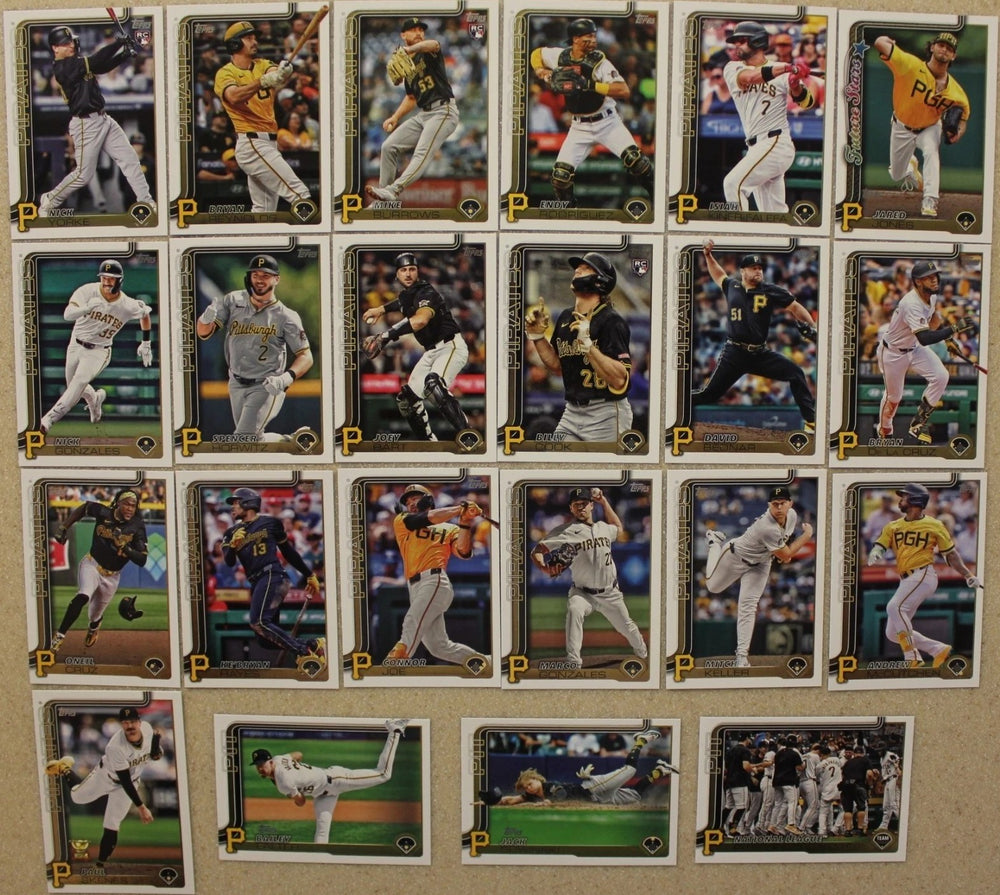 Pittsburgh Pirates 2025 Topps Complete Mint 22 Card Hand Collated Team Set Featuring Paul Skenes Topps All Star Rookie Cup Card and Rookie Cards of Billy Cook, Mike Burrows and Nick Yorke Plus