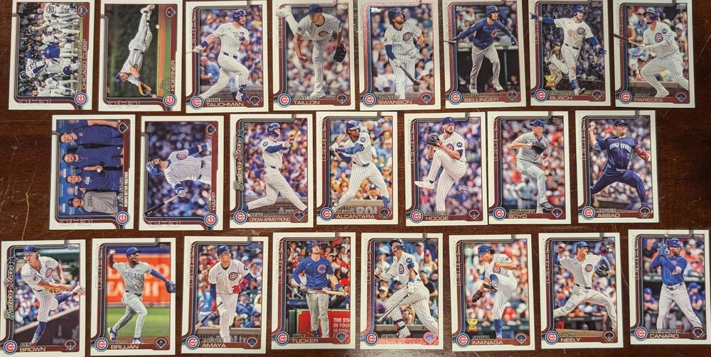 Chicago Cubs 2025 Topps Complete Mint Hand Collated 23 Card Team Set Featuring Pete Crow Armstrong and Dansby Swanson with Rookie Cards of Jack Neely and Kevin Alcántara Plus