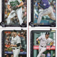 Colorado Rockies 2024 Topps Complete Mint Hand Collated 29 Card Team Set featuring 9 Rookie Cards Greg Jones, Bradley Blalock, Adael Amador, Aaron Schunk, Drew Romo, Angel Chivilli, Luis Peralta, Jaden Hill and Seth Halvorsen Plus