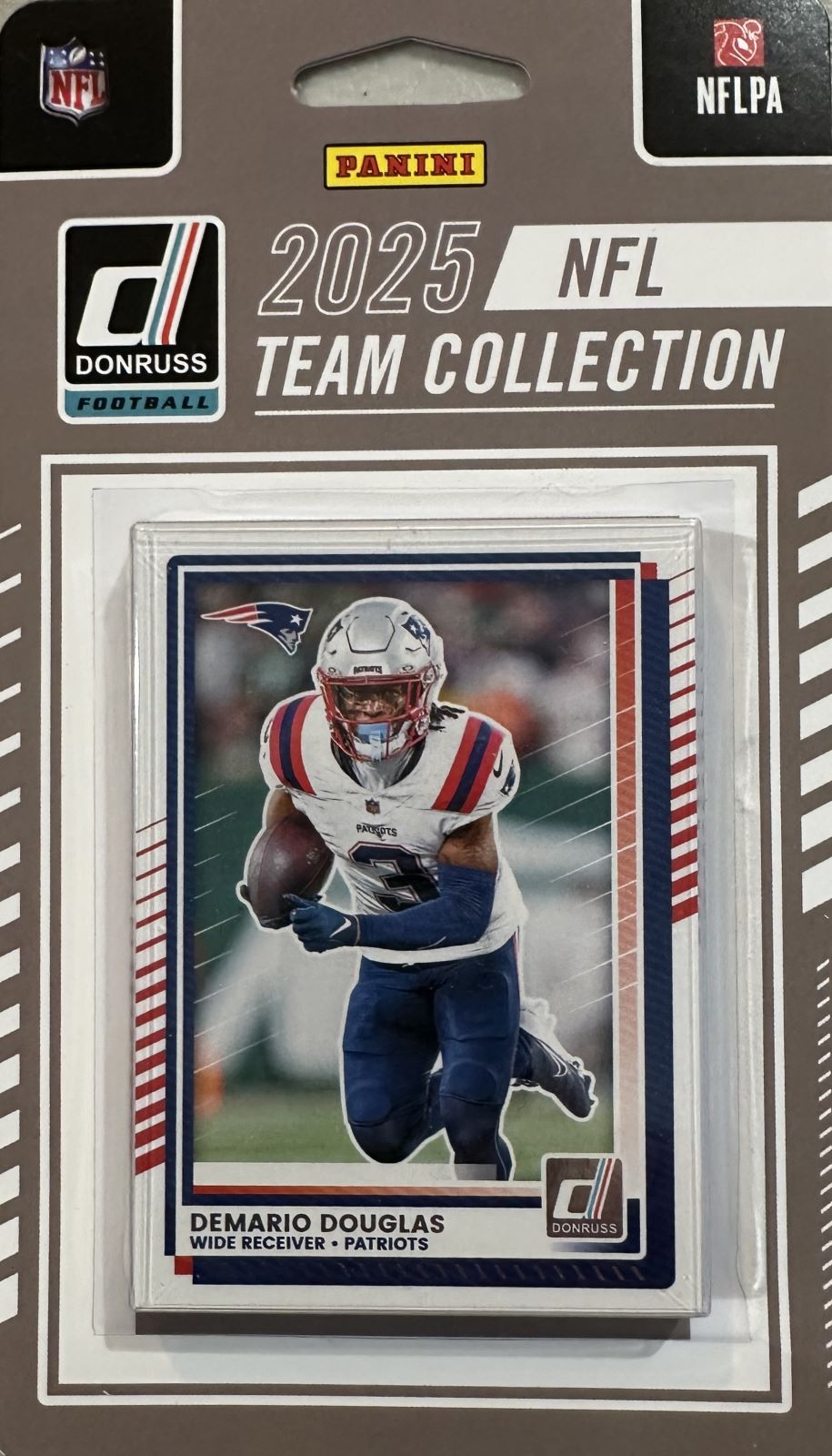 New England Patriots 2025 Donruss Factory Sealed Team Set Featuring Drake Maye and Stefon Diggs with Rated Rookie Cards of Kyle Williams, TreVeyon Henderson and Will Campbell Plus