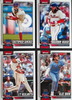 Philadelphia Phillies 2026 Topps Complete Mint 22 Card Team Set featuring Bryce Harper and Kyle Schwarber with Rookie Cards of Otto Kemp, Alan Rangel and Nolan Hoffman Plus
