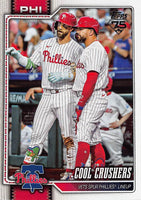 Philadelphia Phillies 2026 Topps Complete Mint 22 Card Team Set featuring Bryce Harper and Kyle Schwarber with Rookie Cards of Otto Kemp, Alan Rangel and Nolan Hoffman Plus
