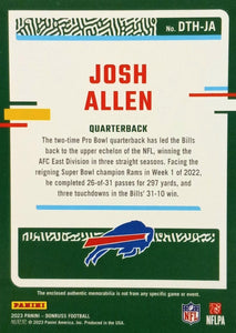 Josh Allen 2023 Panini Donruss Threads Series Mint Insert Card #DTH-JA Featuring an Authentic Blue Jersey Swatch