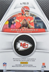 Patrick Mahomes 2023 Panini Certified Piece of The Game Series Mint Insert Card #POG-29 Featuring an Authentic LARGE White Jersey Swatch #124/199 Made