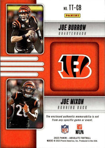 Joe Burrow Joe Mixon 2023 Panini Absolute Team Tandem Jersey Series Mint Insert Card #TT-CB Featuring 2 Authentic Jersey Swatches #8 of only 49 Made