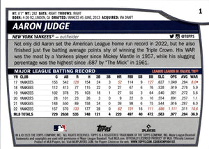 Aaron Judge 2023 Topps BIG LEAGUE Baseball Series Mint Card #1 picturing this New York Yankees Star is his Pinstriped Jersey