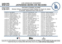 Shohei Ohtani 2024 Topps Update Baseball Series Mint Card #US123 Japanese Born HR Record Ohtani Stands Alone picturing him in his new White Los Angeles Dodgers Jersey
