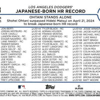 Shohei Ohtani 2024 Topps Update Baseball Series Mint Card #US123 Japanese Born HR Record Ohtani Stands Alone picturing him in his new White Los Angeles Dodgers Jersey