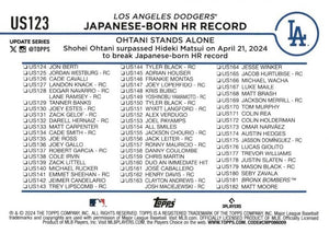 Shohei Ohtani 2024 Topps Update Baseball Series Mint Card #US123 Japanese Born HR Record Ohtani Stands Alone picturing him in his new White Los Angeles Dodgers Jersey