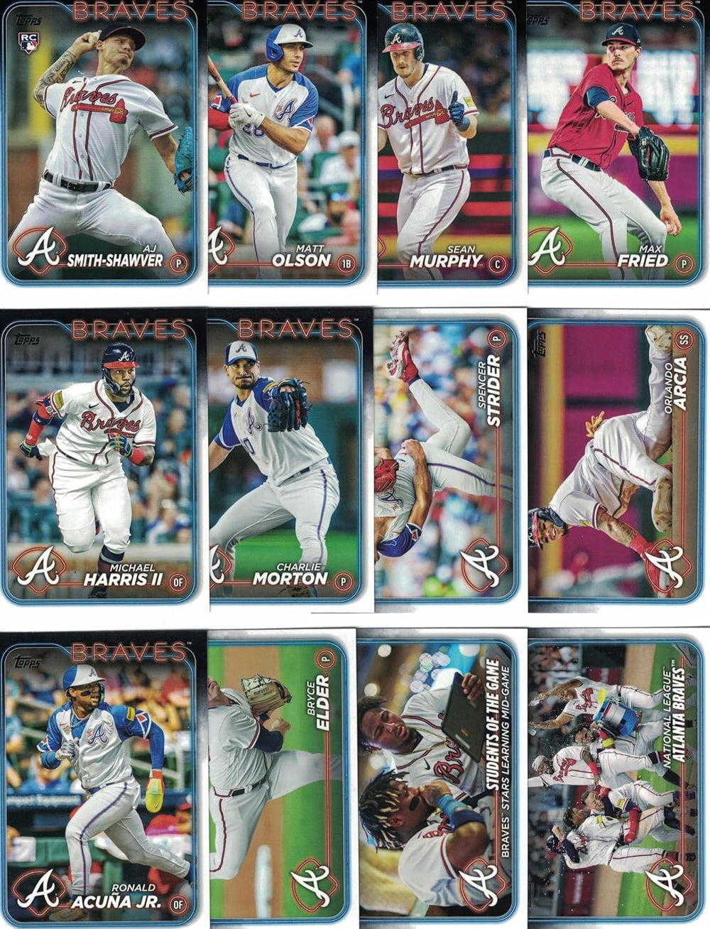 Atlanta Braves 2024 Topps Complete Mint Hand Collated 24 Card Team Set Featuring Ozzie Albies Ronald Ocuna Matt Olson and Chris Sale Plus 5 Rookie Cards including AJ Smith-Shawver and J.P. Martinez