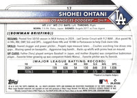 Shohei Ohtani 2025 Bowman Baseball Series Mint Card #17 made by Topps picturing him in his White Los Angeles Dodgers Jersey
