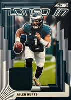 Jalen Hurts 2025 Panini Score Zoned In Jerseys Patch Relic Series Mint Insert Card #ZON-JHS Featuring an Authentic Green Jersey Swatch
