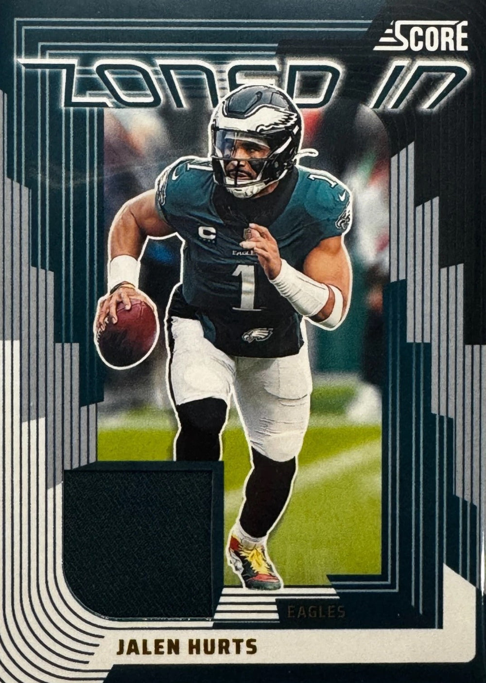 Jalen Hurts 2025 Panini Score Zoned In Jerseys Patch Relic Series Mint Insert Card #ZON-JHS Featuring an Authentic Green Jersey Swatch