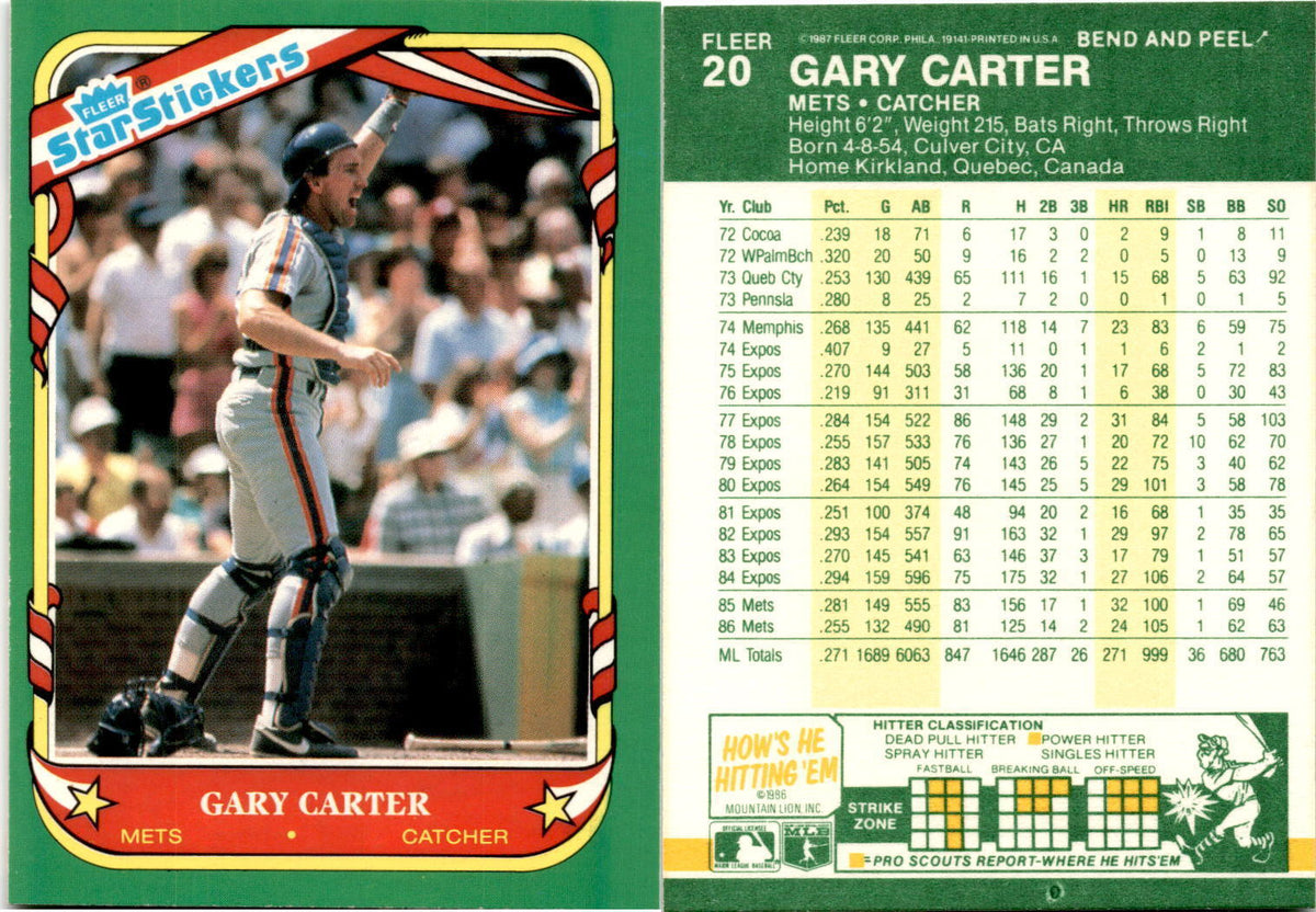 Gary Carter 1987 Fleer Star Sticker Series Mint Card 20 The Strictly