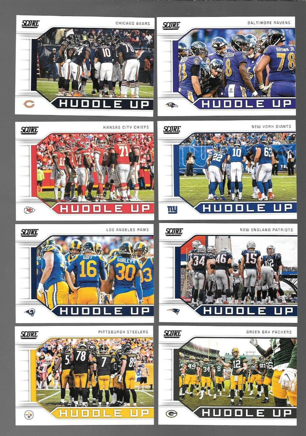 2019 Score Football Huddle Up 10 Card Team Insert Set with Chiefs, Patriots, Packers Plus