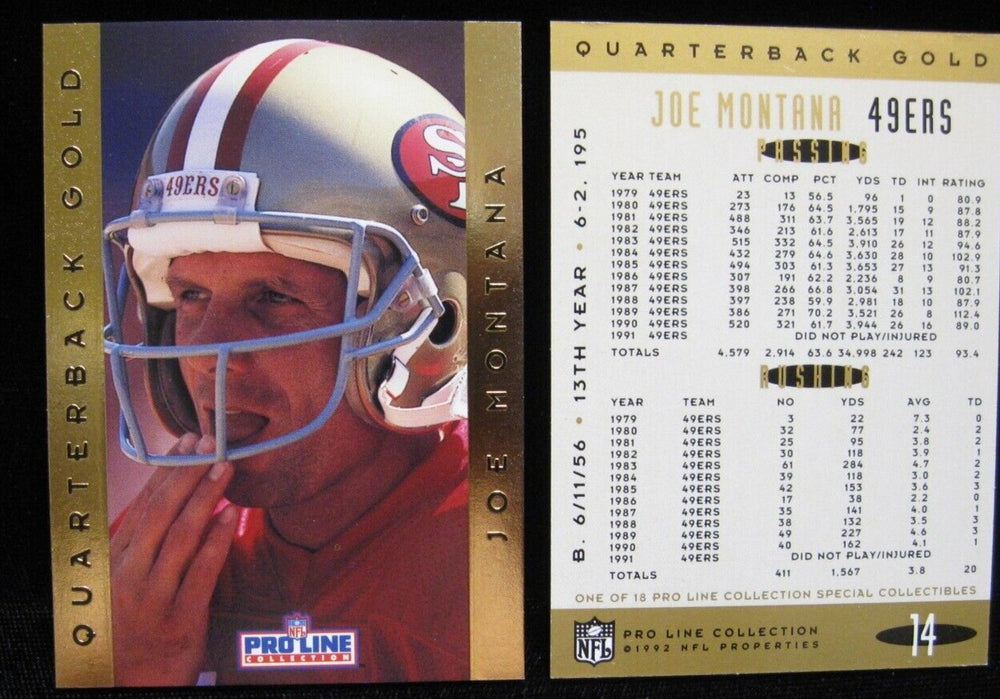 Joe Montana 1992  Pro Line Quarterback Gold Series Mint Card #14