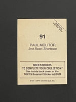Paul Molitor 1981 Topps Baseball Sticker #91
