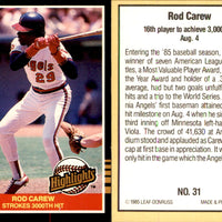 Rod Carew 1985 Donruss Highlights Series Mint Card #31