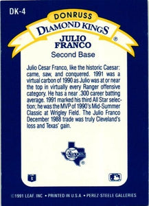 Julio Franco 1991 Donruss Diamond Kings Series Mint Card #DK-4