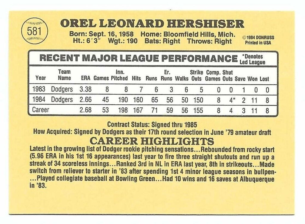 Orel Hershiser 1985 Donruss Series Mint Rookie Card #581