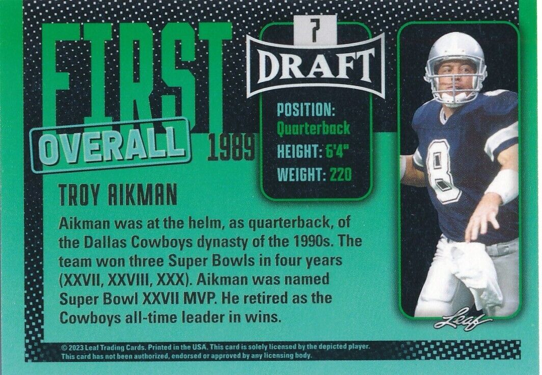 Troy Aikman 2023 Leaf Draft First Overall Blue Series Mint Card #7 ...