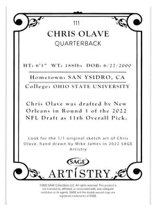 Chris Olave 2022 Sage Artistry Silver Series Mint Card #111