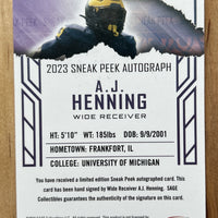A.J. Henning 2023 Sage Sneak Peek AUTOGRAPH Mint ROOKIE Card  #SPA-AJH