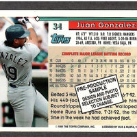 Juan Gonzalez 1994 Topps Pre-Production Sample Series Mint Card #34