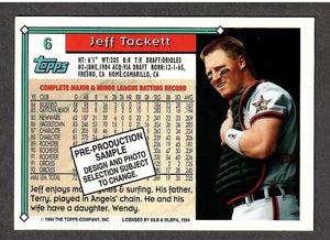 Jeff Tackett 1994 Topps Pre-Production Sample Series Mint Card #6