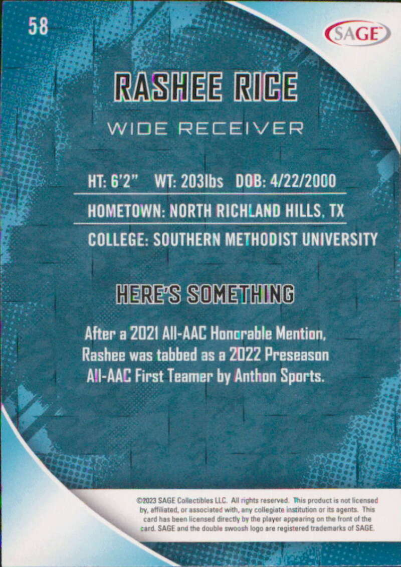Rashee Rice 2023 Sage Series Mint Rookie Card #58 | The Strictly Mint ...