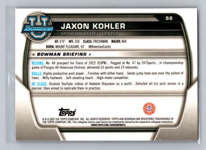 Jaxon Kohler 2022 2023 Bowman University Chrome Pink Refractor Mint Rookie Card #98