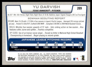 Yu Darvish 2012 Bowman Series Mint Rookie Card #209