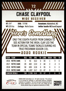 Chase Claypool 2020 Sage Hit Silver Series Mint ROOKIE Card #72