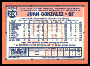 Juan Gonzalez 1991 O-Pee-Chee Series Mint Card #224