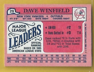 Dave Winfield 1986 Topps League Leader Mini Series Mint Card #29