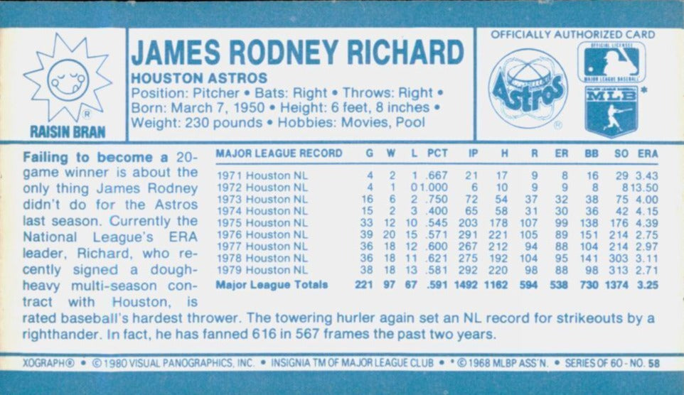 J.R. Richard 1980 Kellogg's Cereal 3D Mint Card #58 | The Strictly Mint ...