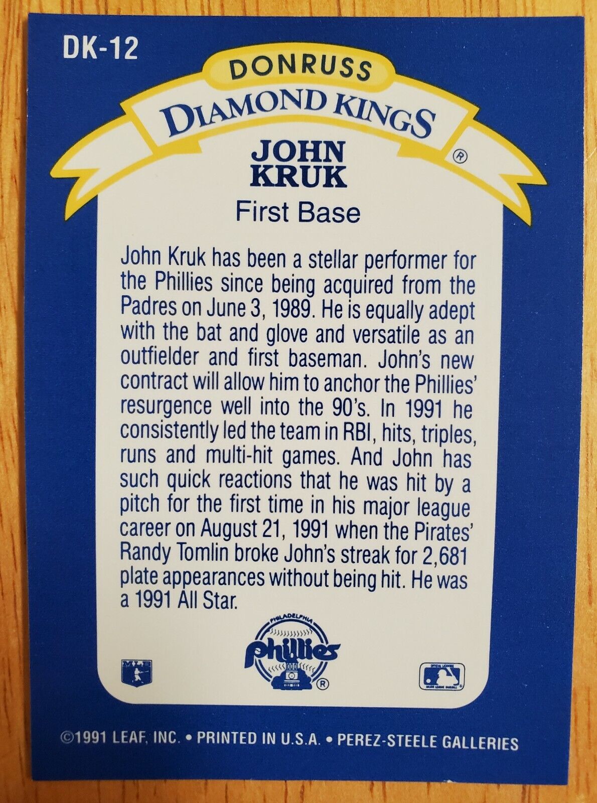 John Kruk 1991 Donruss Diamond Kings Series Mint Card #DK-12