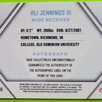 Ali Jennings III 2023 SAGE Autograph Silver Series Mint Rookie Card #A-AJIII