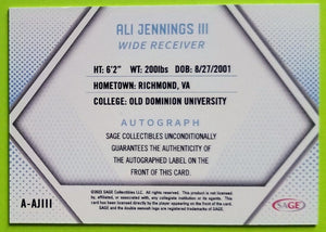 Ali Jennings III 2023 SAGE Autograph Silver Series Mint Rookie Card #A-AJIII